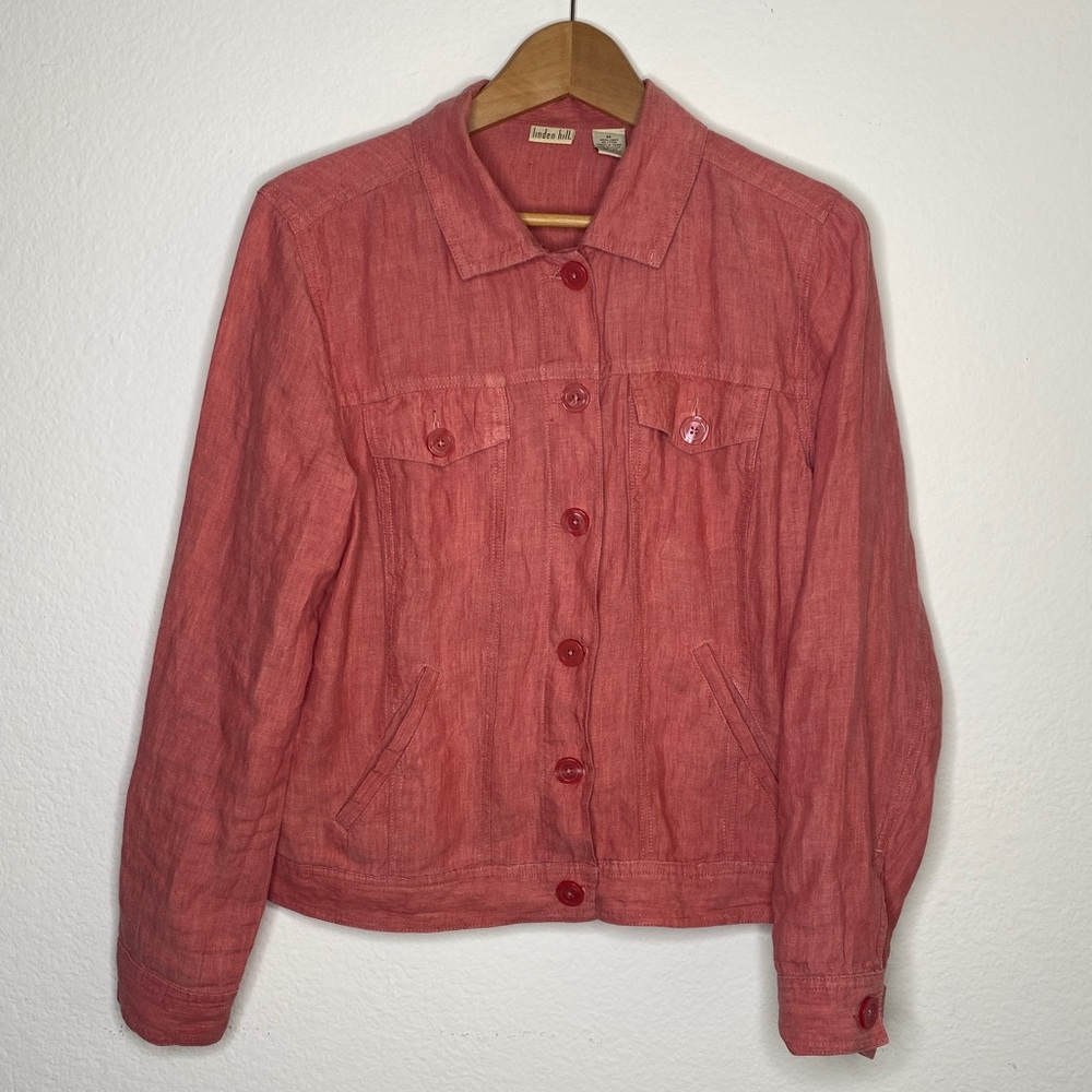 Red Linen Lightweight Button Up Jacket w Pockets
